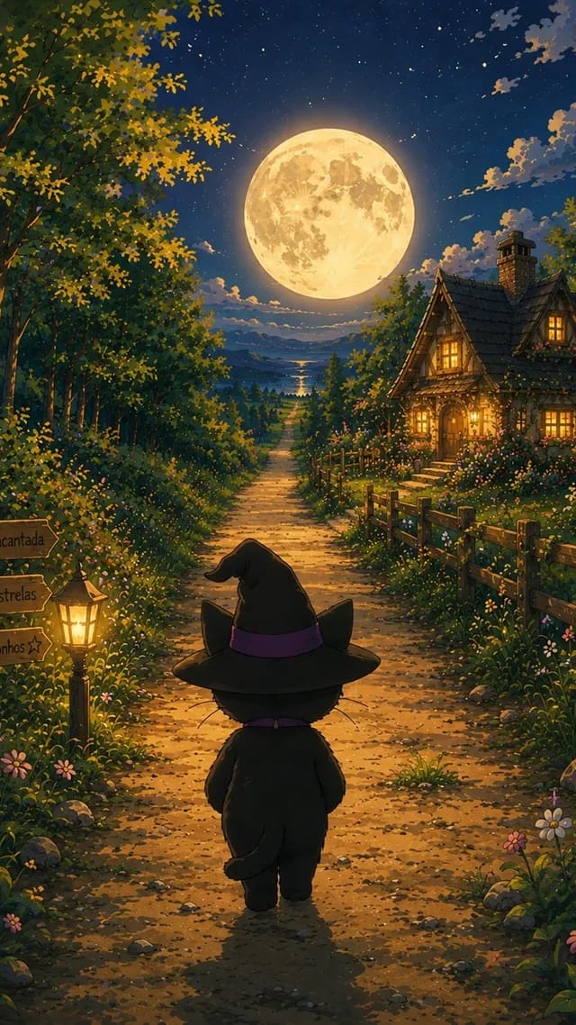 Gatinho mago de chapéu caminhando por uma trilha iluminada pela lua cheia, rumo a uma casinha encantada